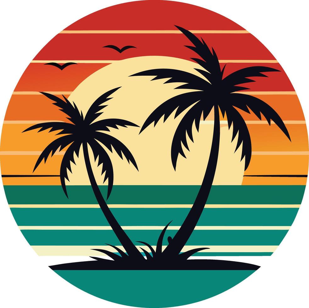 Tropical island Minimal sunset design on white background for t-shirt artwork vector