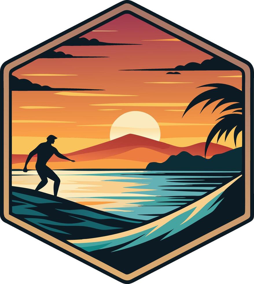 Beach surfing Minimal sunset design on white background for t-shirt artwork vector