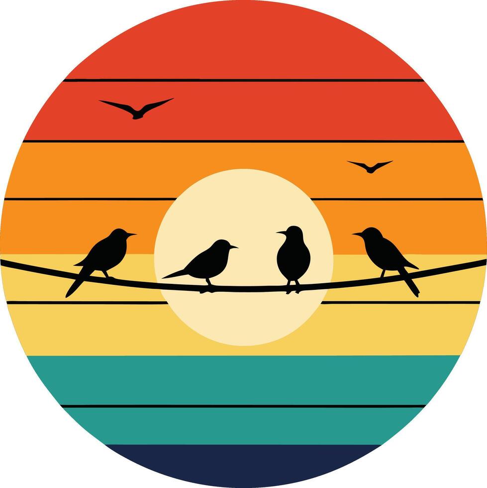 Nesting birds on tree branch Minimal sunset design on white background for t-shirt artwork vector