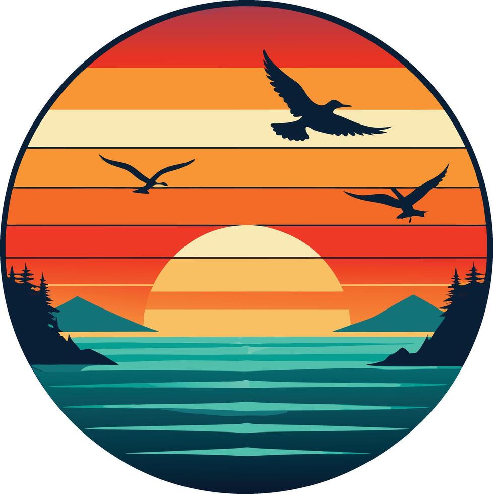sunset and a beach Minimal sunset design on white background for t-shirt artwork vector
