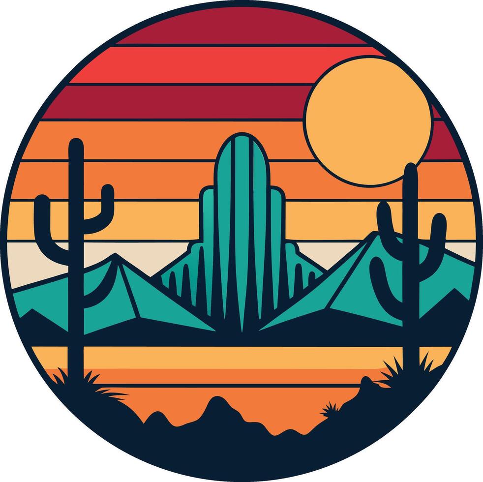 cactus and mountains Minimal sunset design on white background for t-shirt artwork vector
