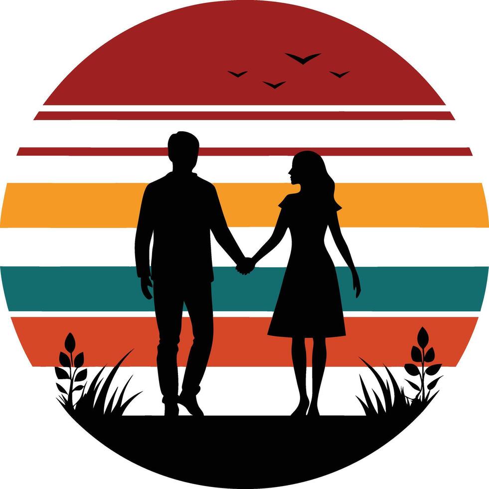 Romantic Couple on Sunset Minimal sunset design on white background for t-shirt artwork vector