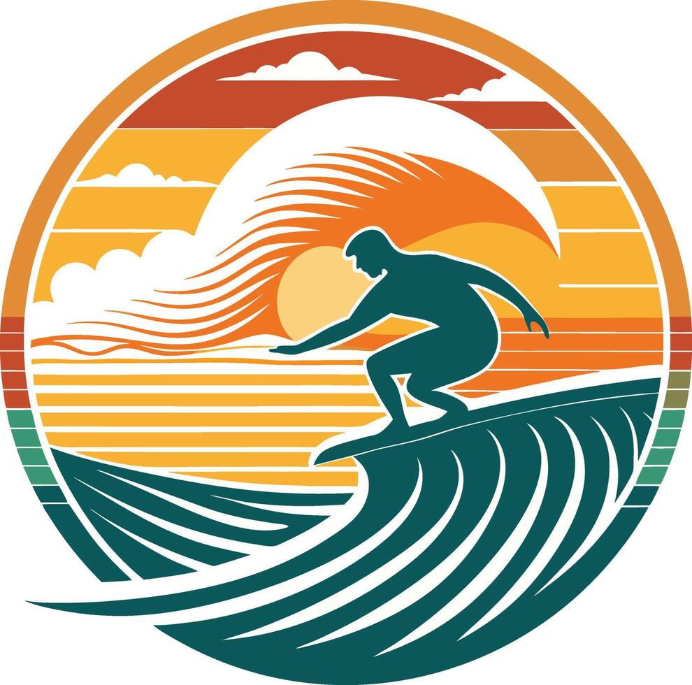 Surfing Minimal sunset design on white background for t-shirt artwork vector