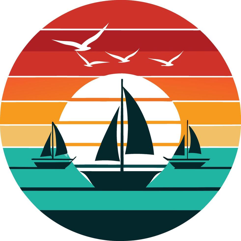 A boat with a sail Minimal sunset design on white background for t-shirt artwork vector