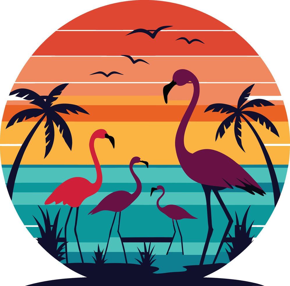 flamingos standing Minimal sunset design on white background for t-shirt artwork vector