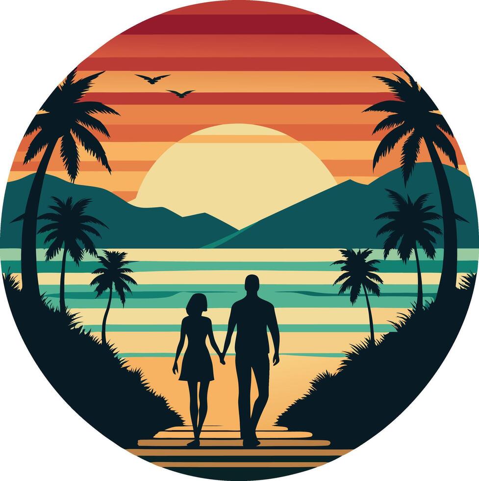 Couple Minimal sunset design on white background for t-shirt artwork vector