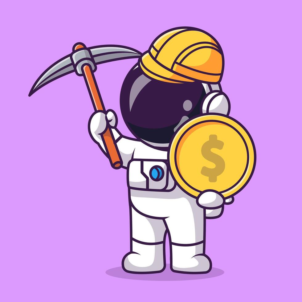 Cute Astronaut Mining Holding Gold Coin And Pickaxe Cartoon vector