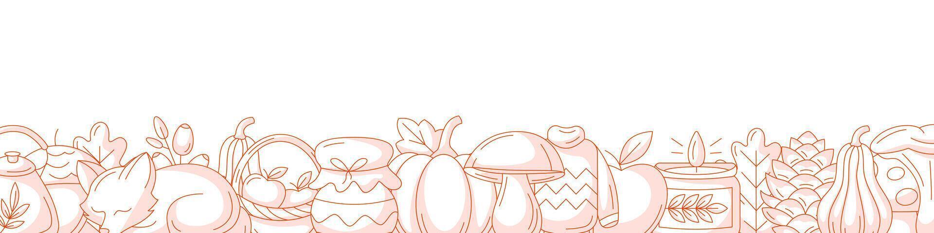 Autumn narrow horizontal banner, space for text. Minimalist monochrome red bottom frame with fall seasonal cozy elements of warm clothes, mushroom, pumpkin, harvest, candle. For poster, flyer, card. vector