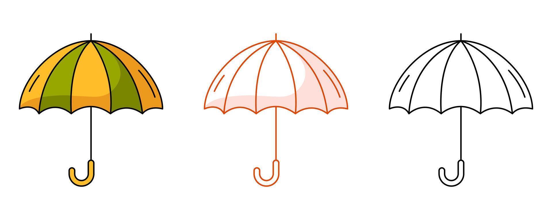 Open umbrella, protect from rainy weather in autumn, summer, spring. Colorful and line icon set. Flat outline icon, monochrome and color illustration. For logo, sticker, coloring book, label vector