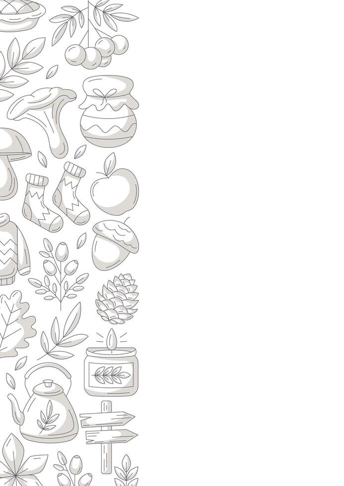 Autumn vertical a4 poster, space for text. Minimalist monochrome gray left side border frame with fall seasonal cozy elements. For card, banner, invitation, social media, festival or planner. vector