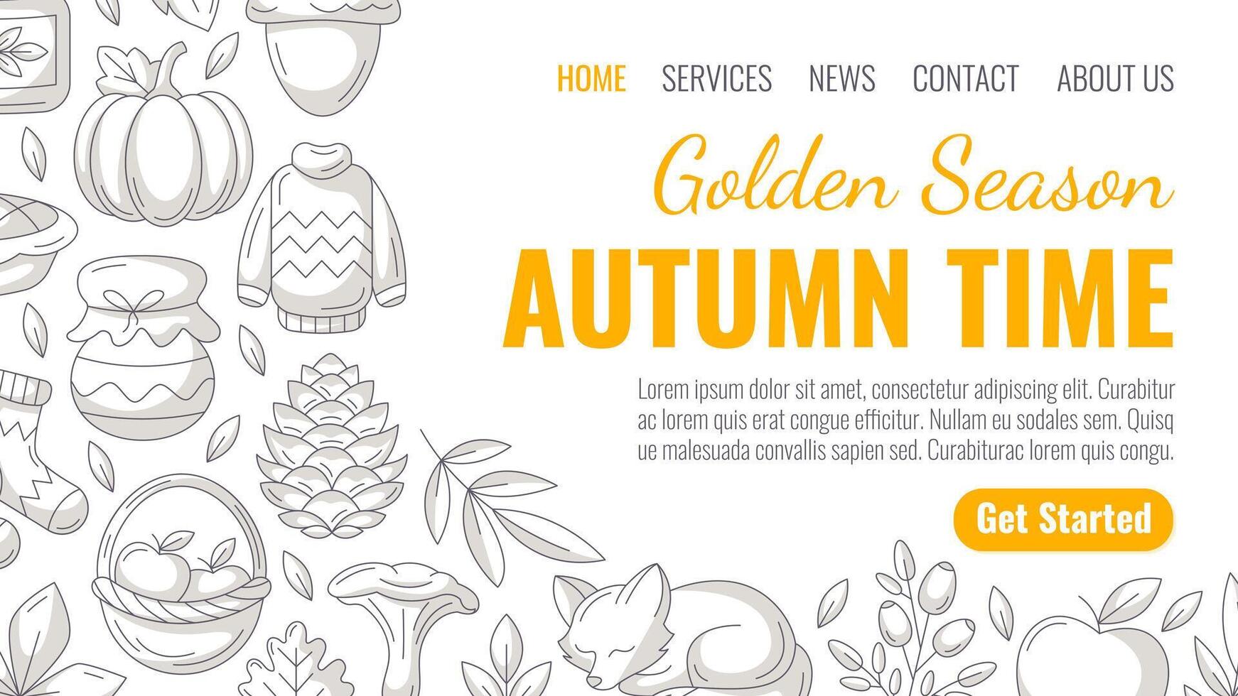 Golden season, autumn time, minimalist landing page template. Seasonal fall cozy elements from fox, clothes, mushroom, pumpkin, harvest. For website, web, online, banner. Isolated background vector