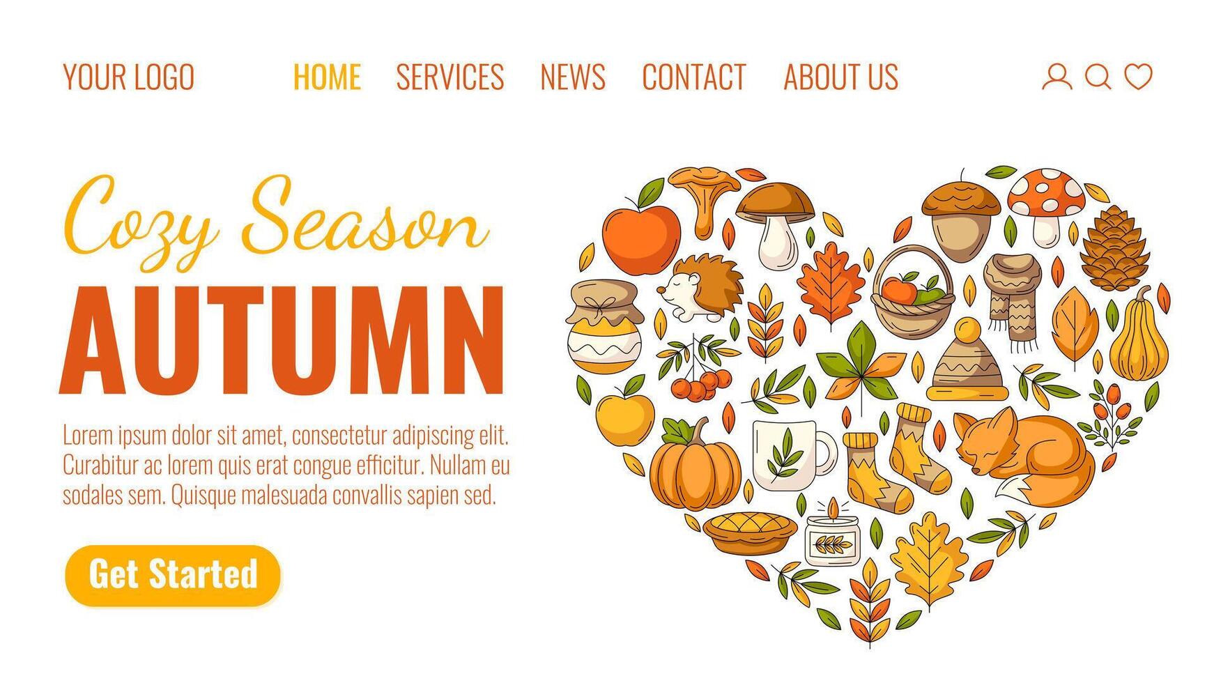 Autumn cozy season, landing page template. Colorful heart shape design from seasonal fall elements, food, clothes and animals. For website, web, online, banner, advertising, promotion vector