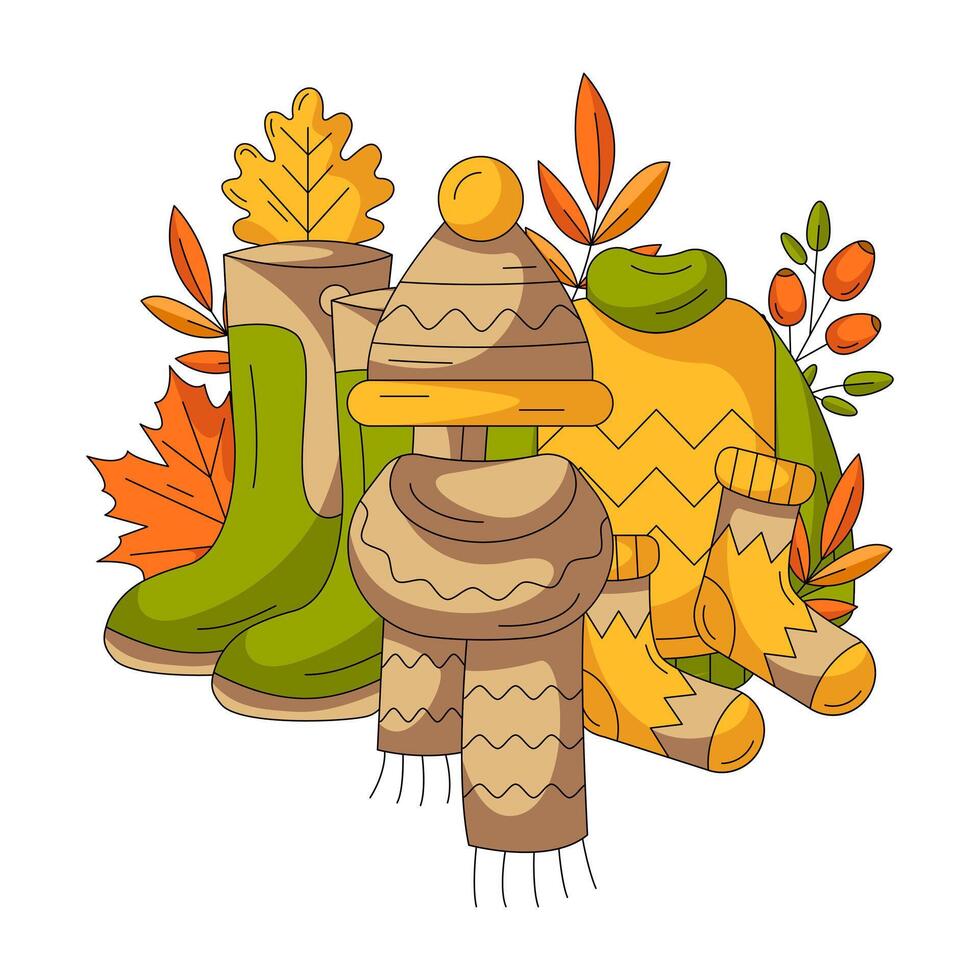 Autumn design of fall clothes for cozy and warm season. Hat, scarf, sweater, boots and socks. Rosehip, maple, oak leaves. Flat illustration. For greeting card, social media, postcard, sticker vector
