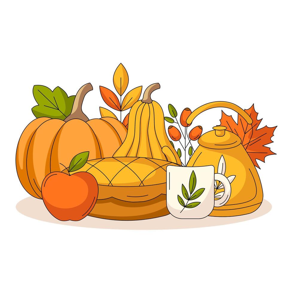 Autumn design for seasonal holidays. Pumpkin, squash, apple, pie, kettle with mug, rosehip and leaves. Fall flat illustration. For greeting card, social media, postcard, thanksgiving day vector