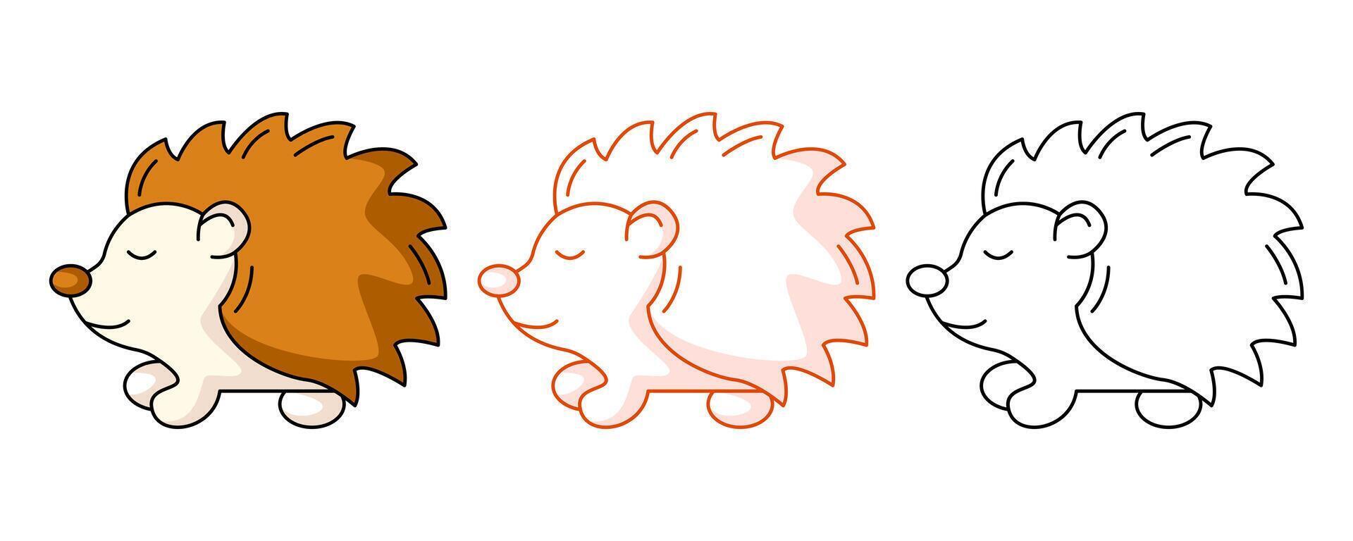 Cute hedgehog, colorful and line icon set. Forest mammal animal, fall seasonal concept, flat outline icon, monochrome red and color illustration. For logo, sticker, coloring book, label vector