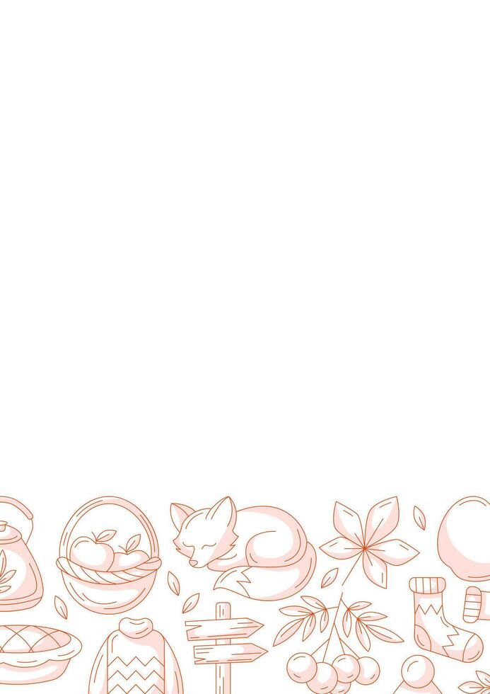 Autumn vertical a4 poster with space for text. Minimalist monochrome red bottom border frame with fall seasonal cozy elements. For card, banner, invitation, social media, festival or planner. vector