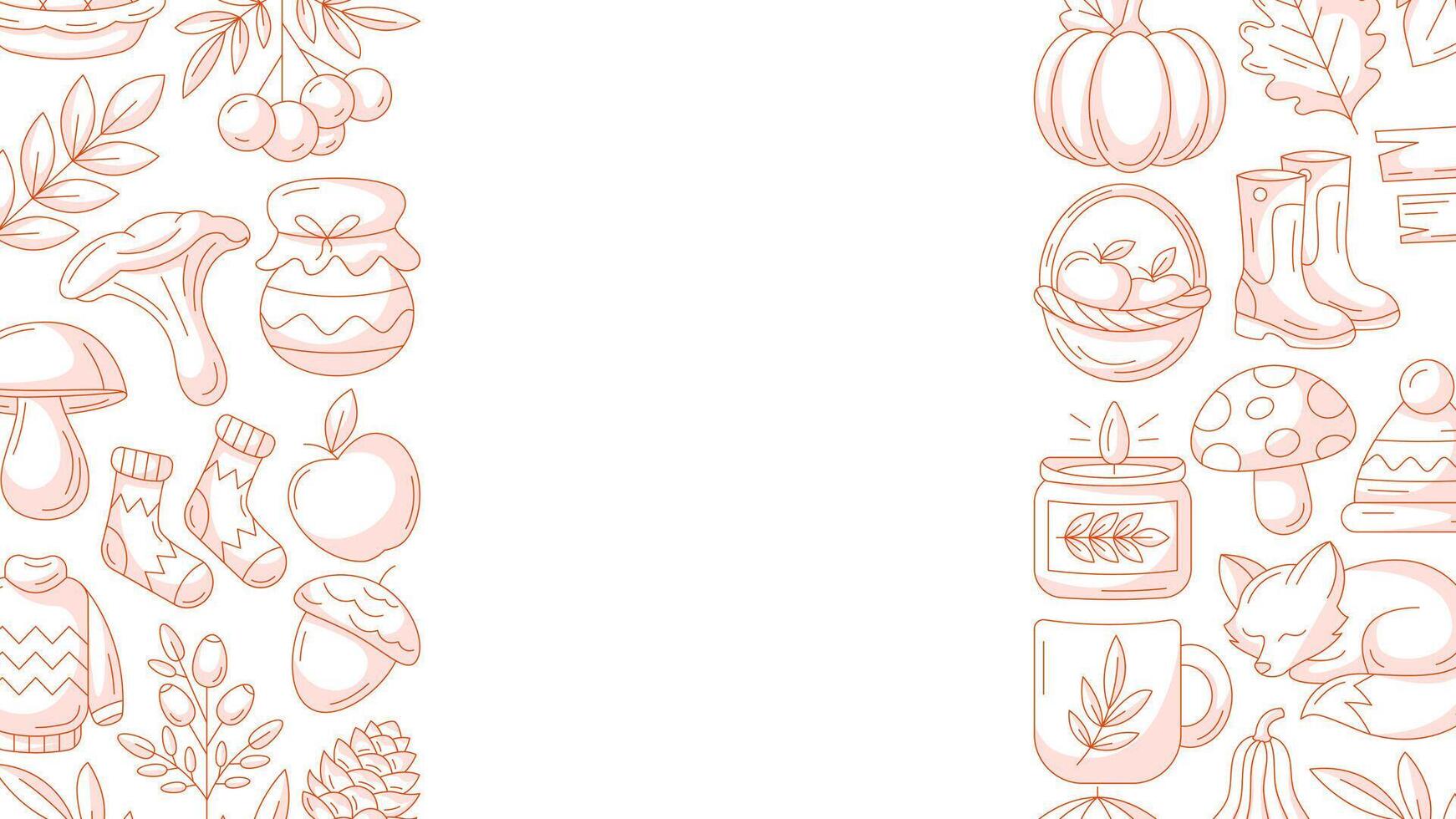 Autumn horizontal poster or background with copy space for text. Minimalist monochrome side border frame with fall seasonal cozy elements, food, clothes, mushrooms, animals. For banner, flyer, card vector