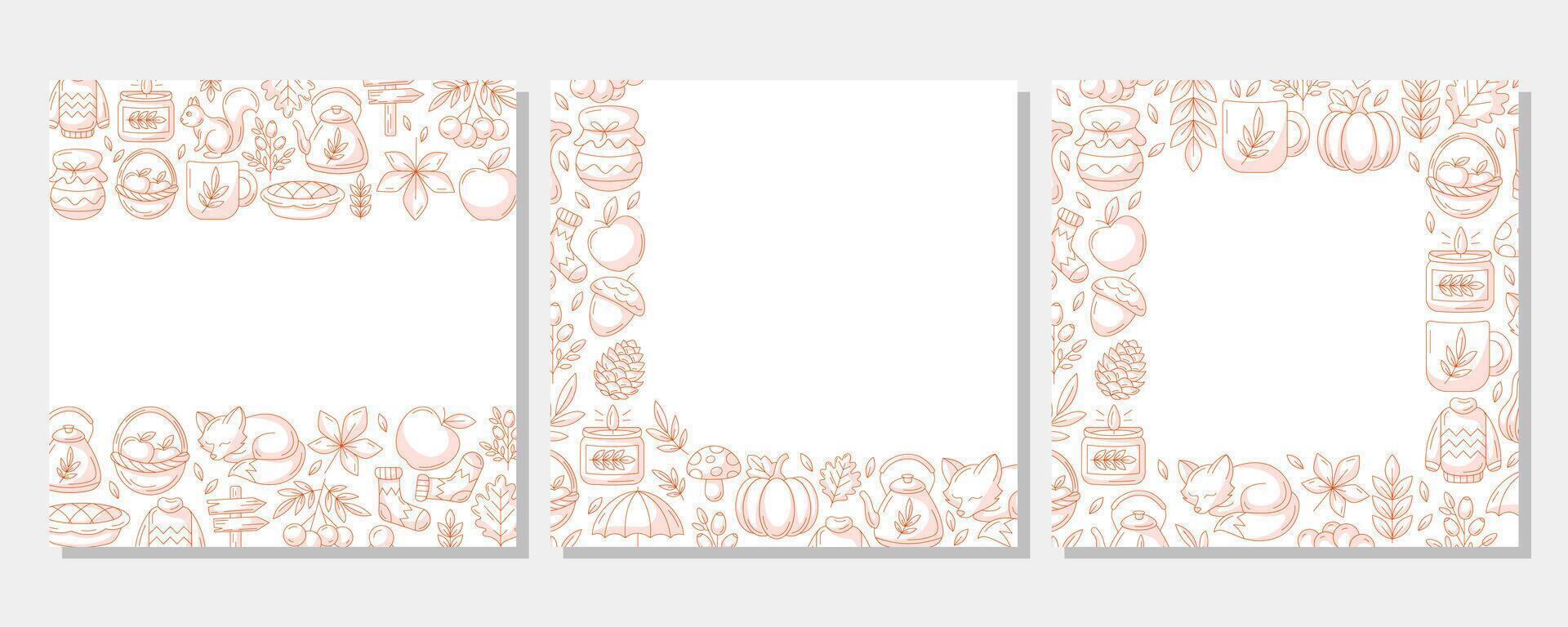 Autumn square poster set with minimalist monochrome red various frame, upper, bottom, corner. Space for text. Fall seasonal cozy elements. For card, banner, invitation, social media, festival vector