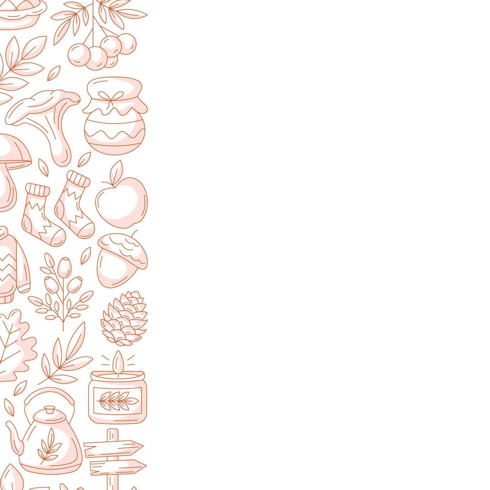 Autumn square poster, space for text. Minimalist monochrome red left side frame with fall seasonal cozy elements. For card, banner, invitation, social media, festival or postcard. Isolated background vector