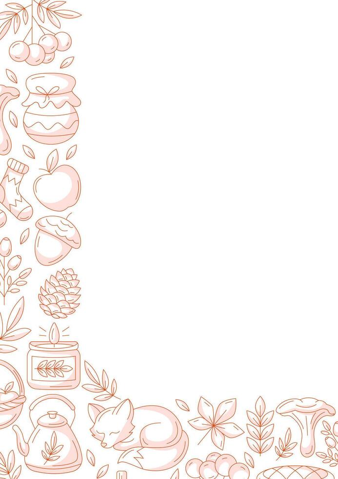Autumn vertical a4 poster, space for text. Minimalist monochrome red left corner frame with fall seasonal cozy elements, fox, mushrooms, leaves. For card, banner, invitation, festival or planner. vector