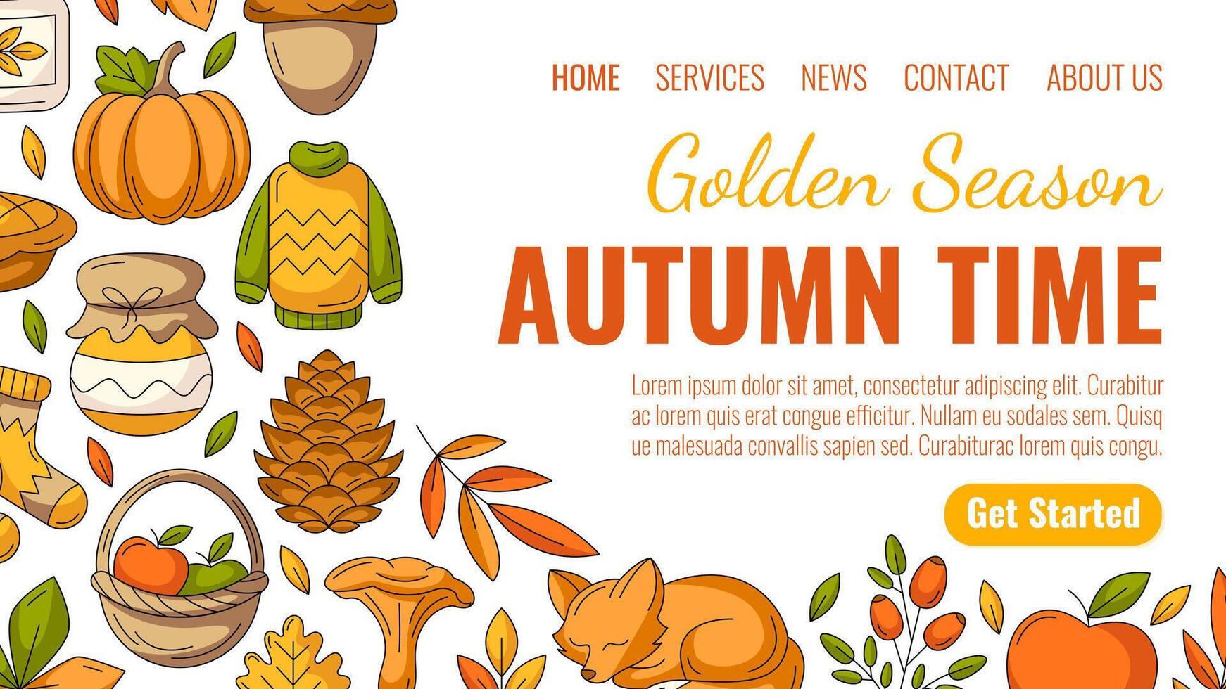 Golden season, autumn time, landing page template. Colorful seasonal fall cozy elements from fox, warm clothes, mushroom, pumpkin, harvest. For website, web, online, banner. Isolated background vector
