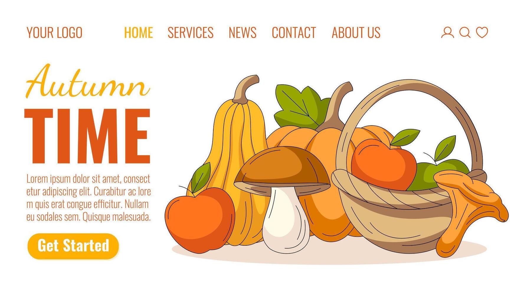 Autumn harvest time, landing page template. Seasonal fall fruits, vegetables and mushrooms. Pumpkin, squash, apple basket, porcini or boletus and chanterelle. For website, web, online, banner. vector