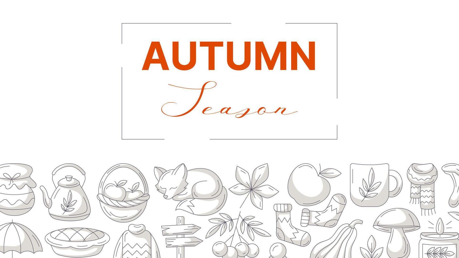 Autumn season, horizontal banner or background with space for text. Minimalist bottom frame with monochrome gray fall seasonal cozy elements, food, clothes, mushrooms, animals. For poster, flyer, card vector