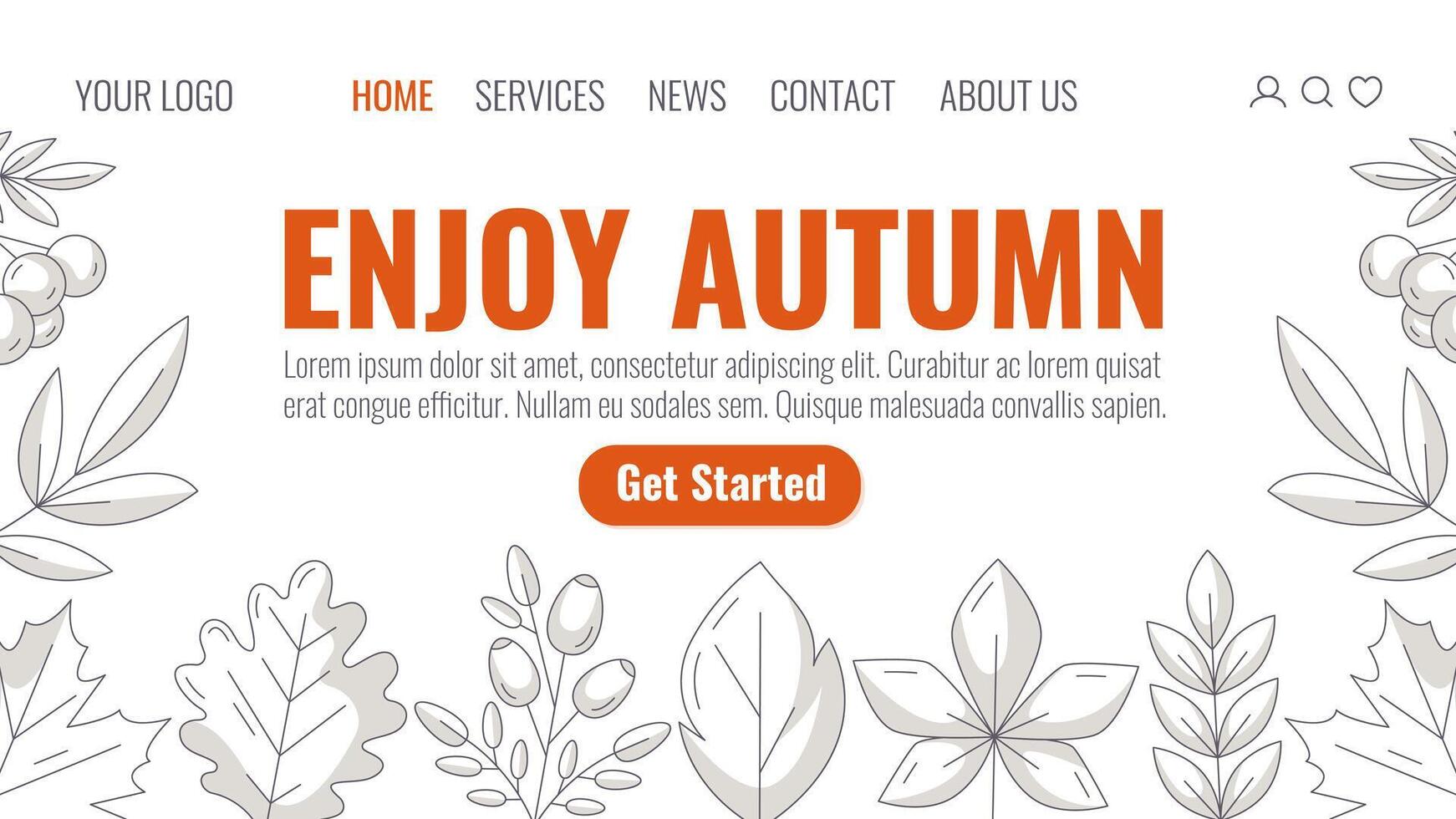 Enjoy autumn, landing page template. Minimalist monochrome gray seasonal fall leaves of oak, aspen, maple, chestnut leaf, rosehip and rowan branch. For website, web, online, banner. vector