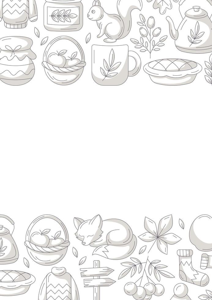 Autumn vertical a4 poster, space for text. Minimalist monochrome gray bottom and upper border frame with fall seasonal cozy elements, food, clothes, mushrooms, animals. For card, banner, invitation vector