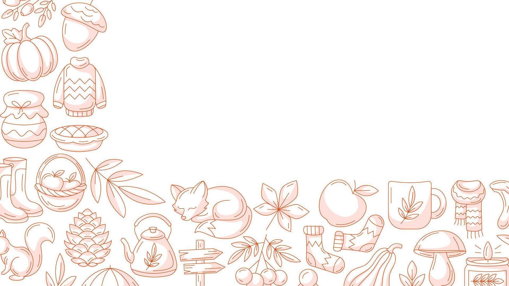 Autumn horizontal banner or background with space for text. Minimalist monochrome red corner frame with fall seasonal cozy elements, food, clothes, mushrooms, animals. For poster, card, invitation vector
