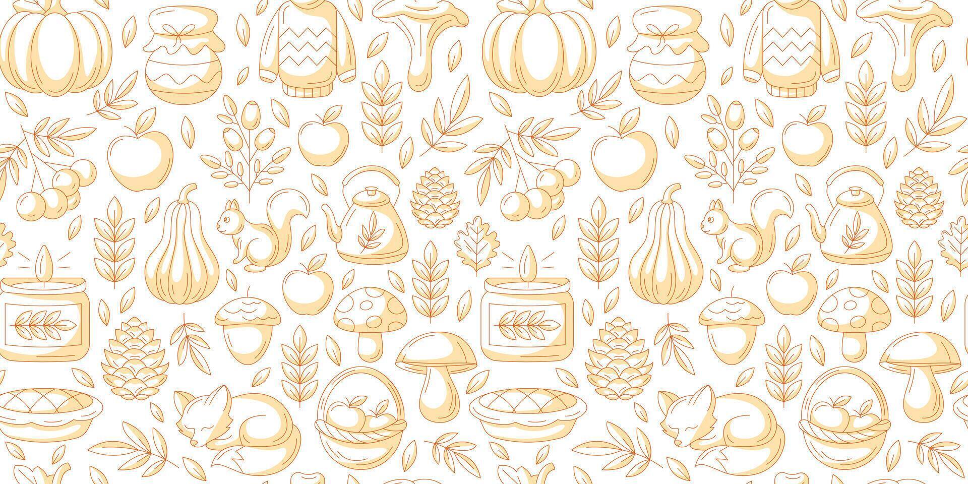 Minimalist autumn seamless pattern with cozy seasonal fall elements, food, clothes and animals. Isolated background. Fall endless backdrop. For fabric, paper, textile, gift wrap, cover or print vector