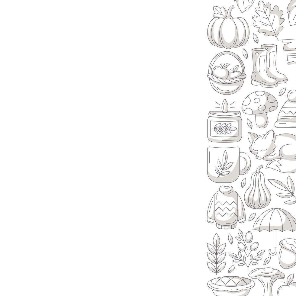 Autumn square poster, space for text. Minimalist monochrome gray right side frame, fall seasonal cozy elements. For card, banner, invitation, social media, festival or postcard. Isolated background vector