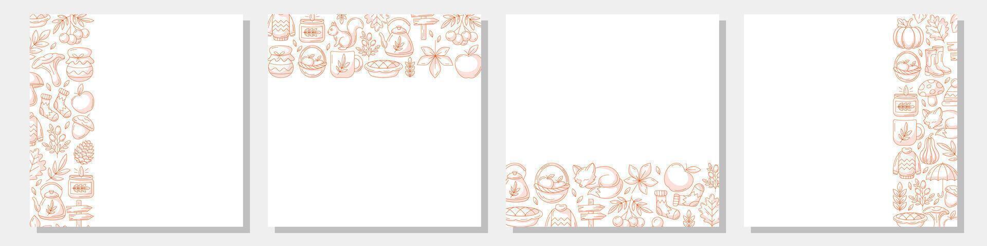 Autumn square poster set with various frame, upper, bottom, left, right side. Minimalist monochrome red, isolated background. Fall seasonal cozy elements. For card, banner, invitation, festival vector