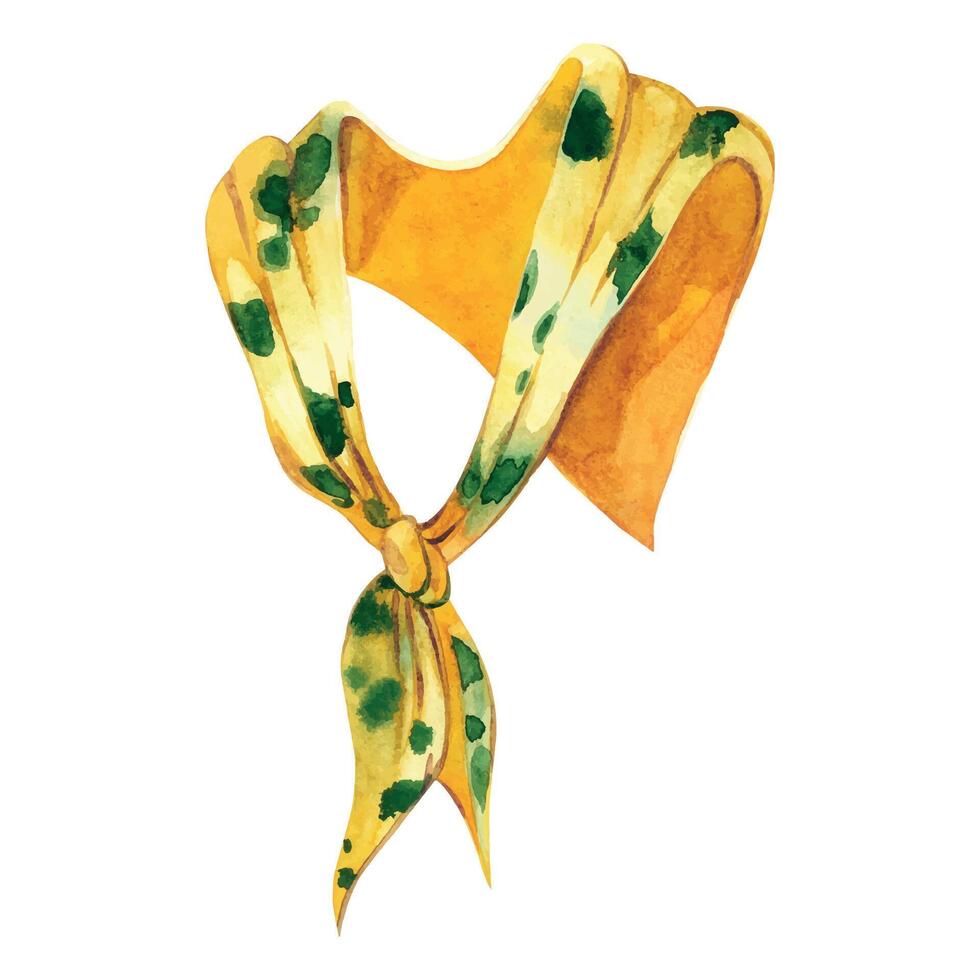 Neck scarf, shawl yellow with green spots and knot in front. Watercolor illustration, all objects are hand painted with watercolor. Suitable for printing on fabric, paper, design and creativity vector