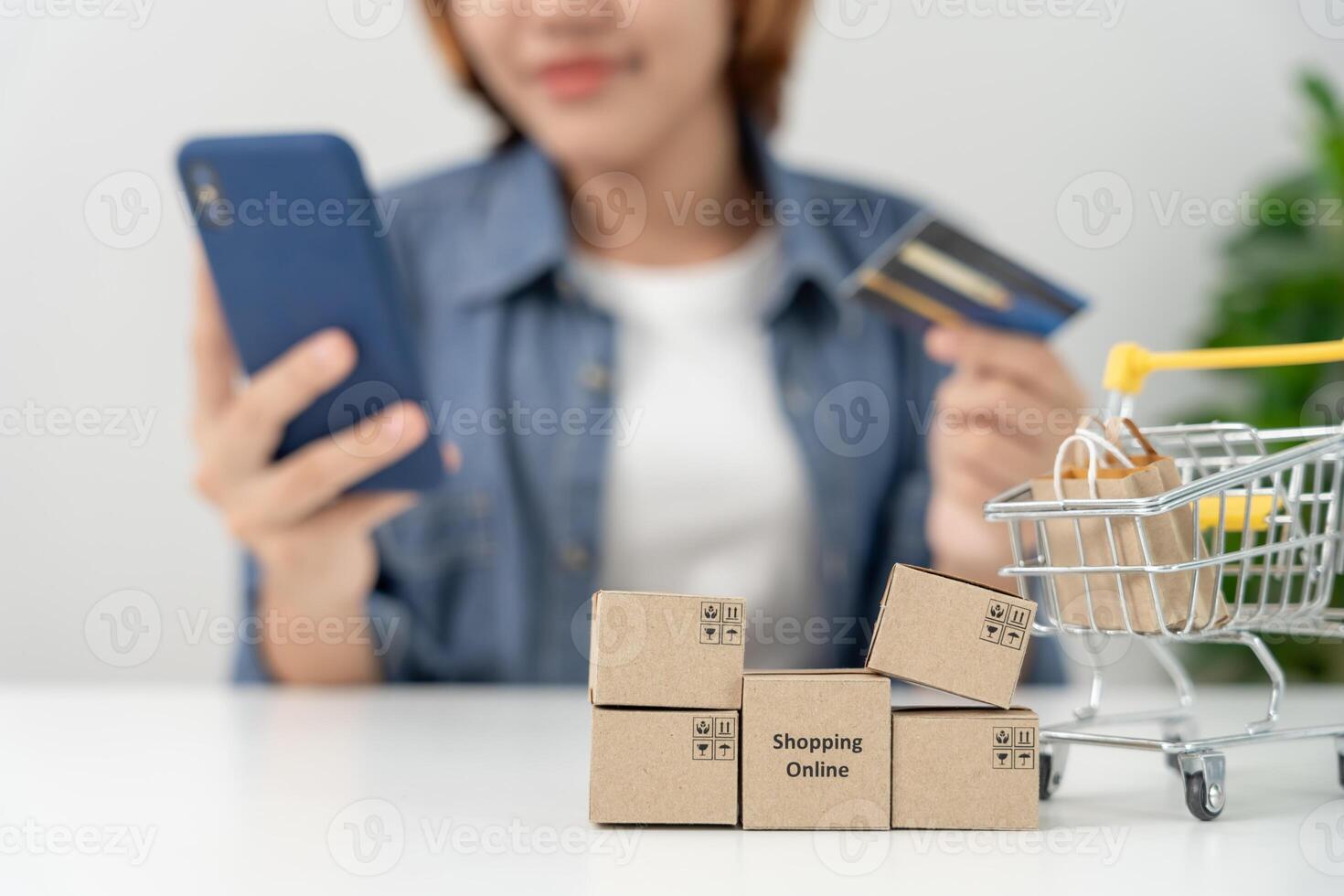 woman using smartphone for online shopping at home. Hand holding mobile phone with payment detail page display and credit card, stay home, technology, electronic commerce, internet, market place photo