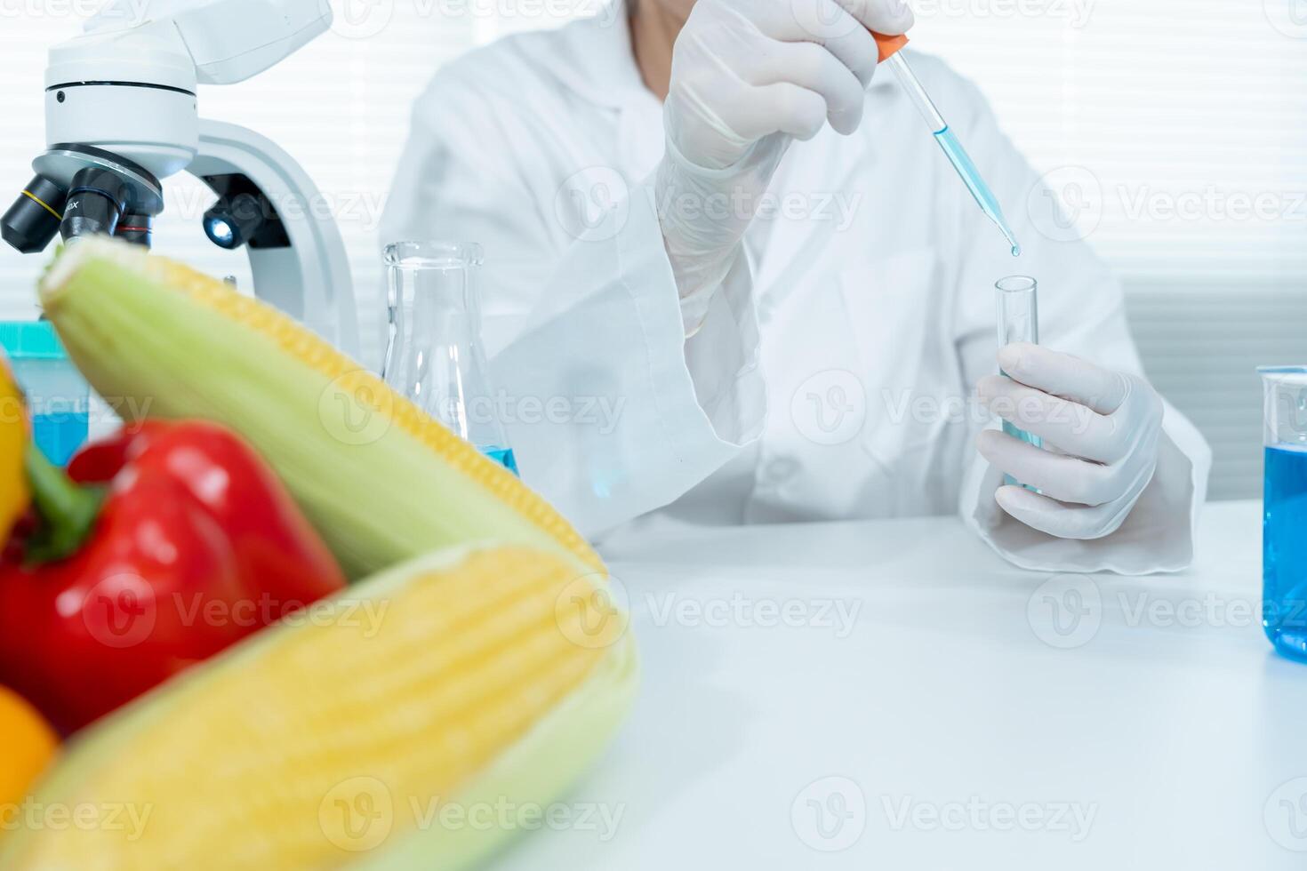 Scientist check chemical food residues in laboratory. Control experts inspect quality of fruits, vegetables. lab, hazards, ROHs, find prohibited substances, contaminate, Microscope, Microbiologist photo
