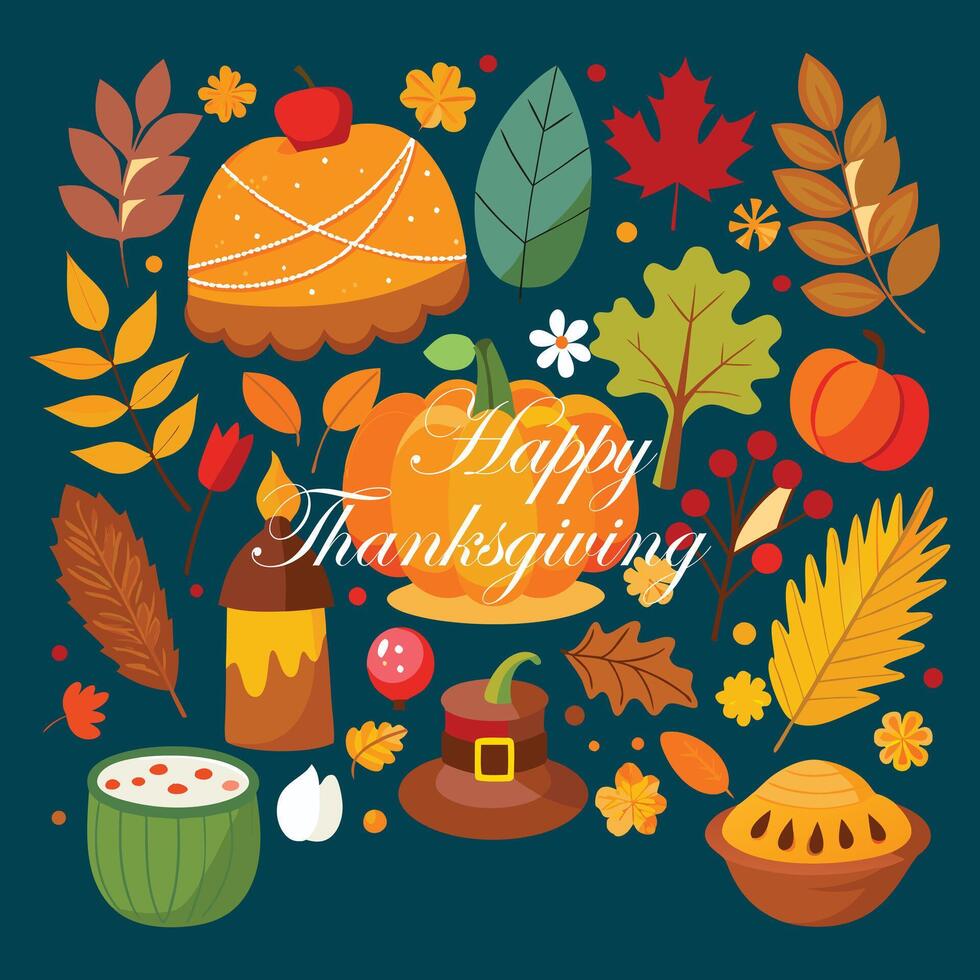 Creative Happy thanksgiving day white background with lettering and illustrations Design vector
