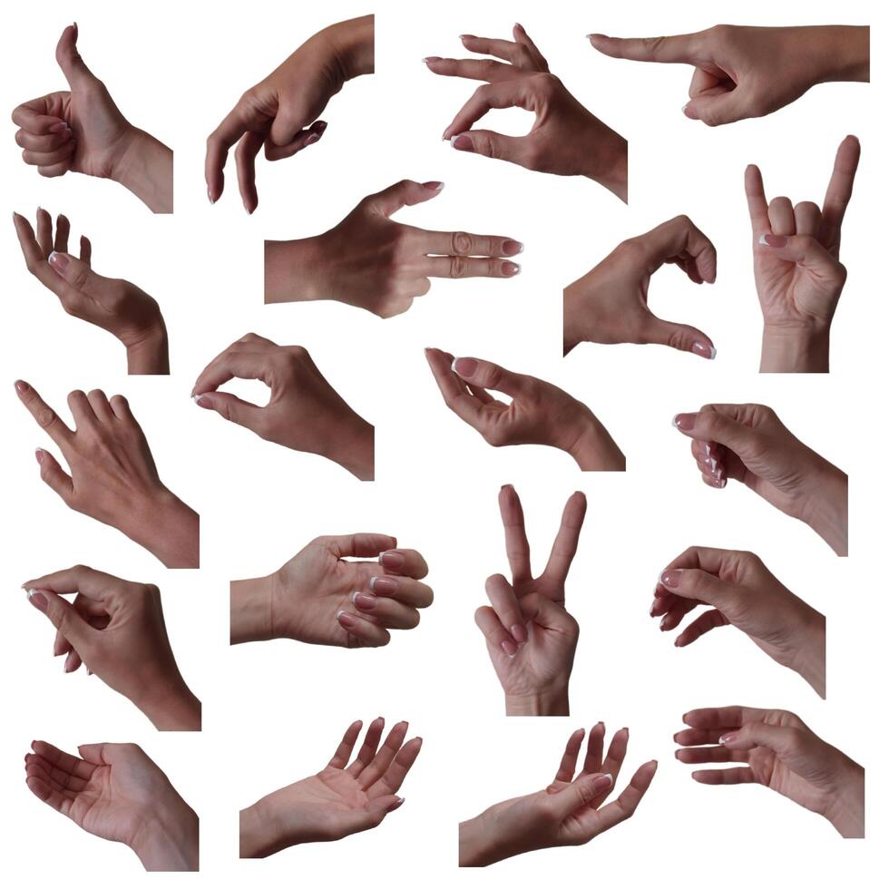 Set of hand gesture and sign isolated on white background. photo