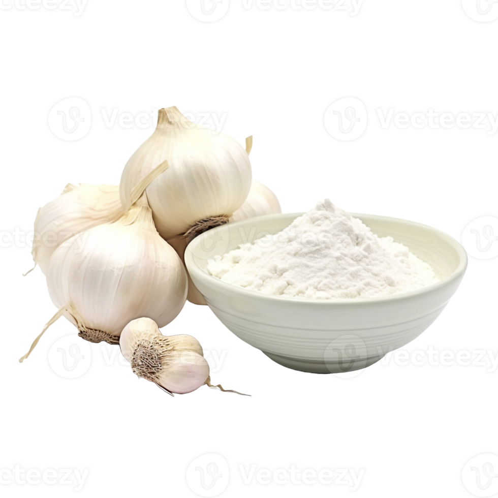 A bowl of flour and a bowl of garlic on a checkered isolated on transparent background png
