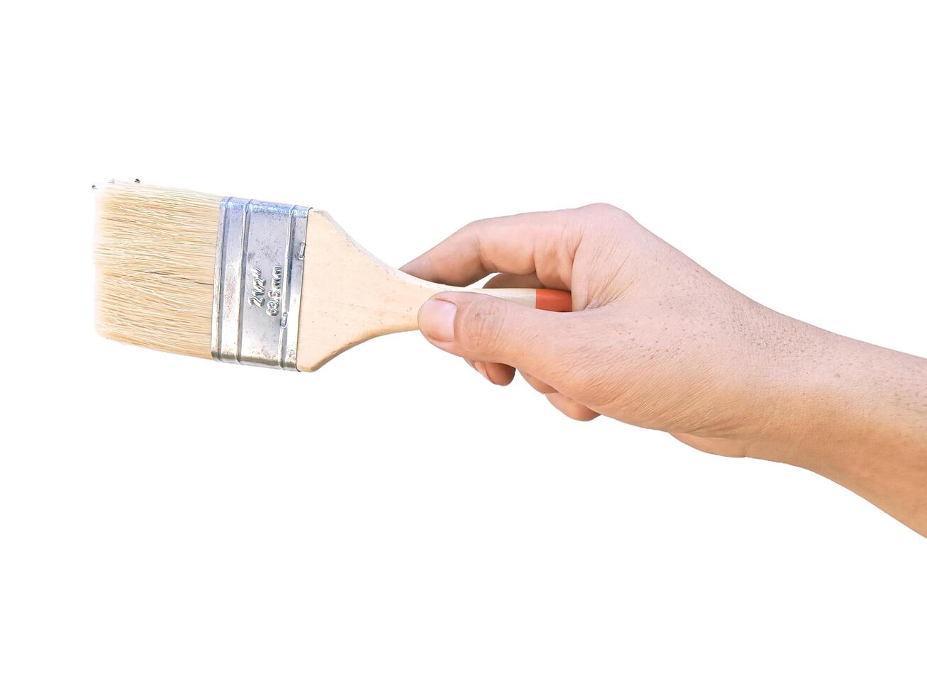 Hand holding yellow paint brush, close-up horizontal view, white background photo
