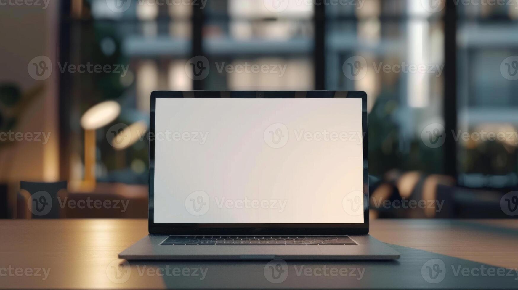 Clean Laptop Screen Template, Textured Display, Office Blur, AI Created photo