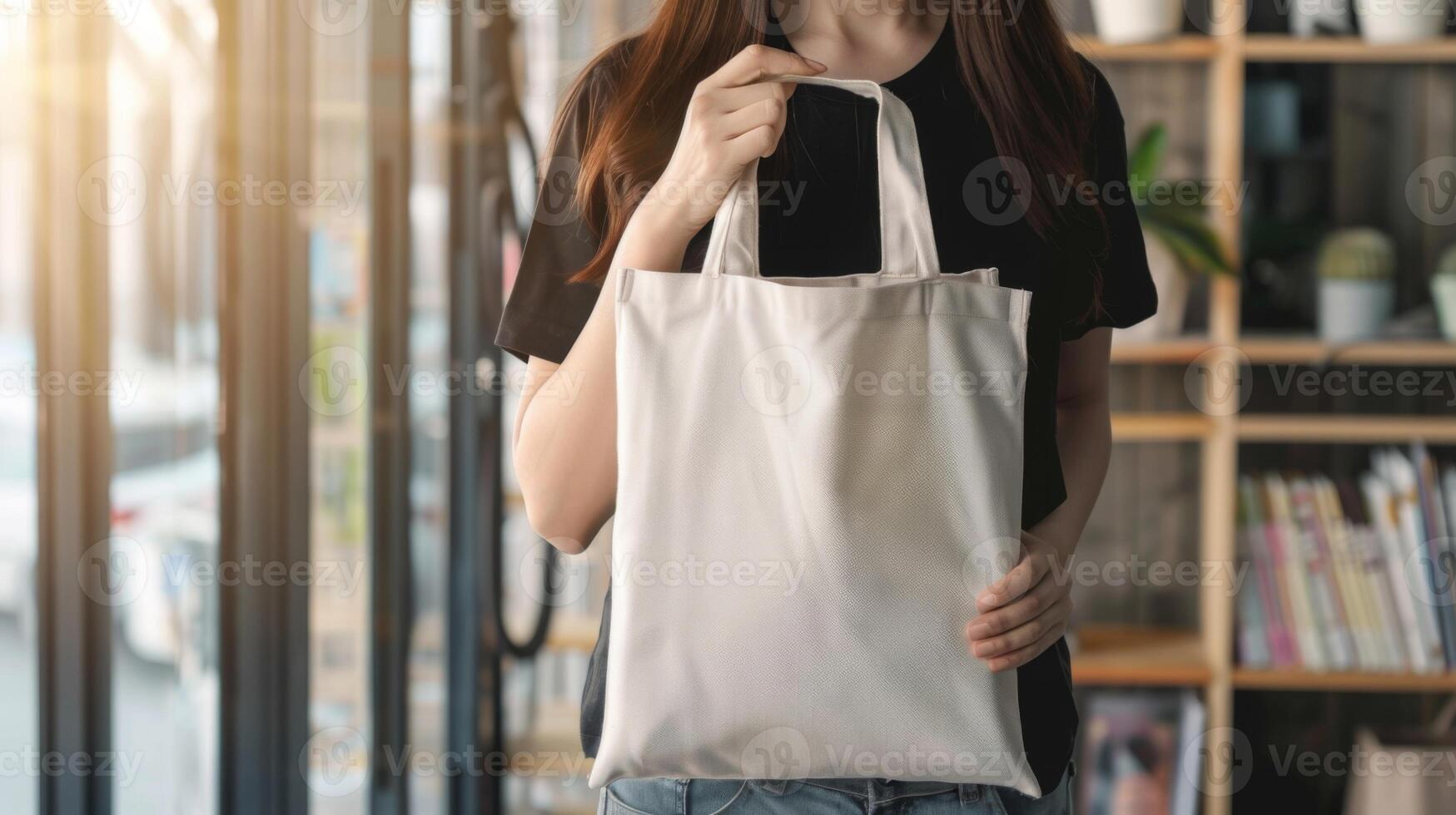 Woman Holding Tote Bag Canvas, Blank Template Mockup, AI Created photo