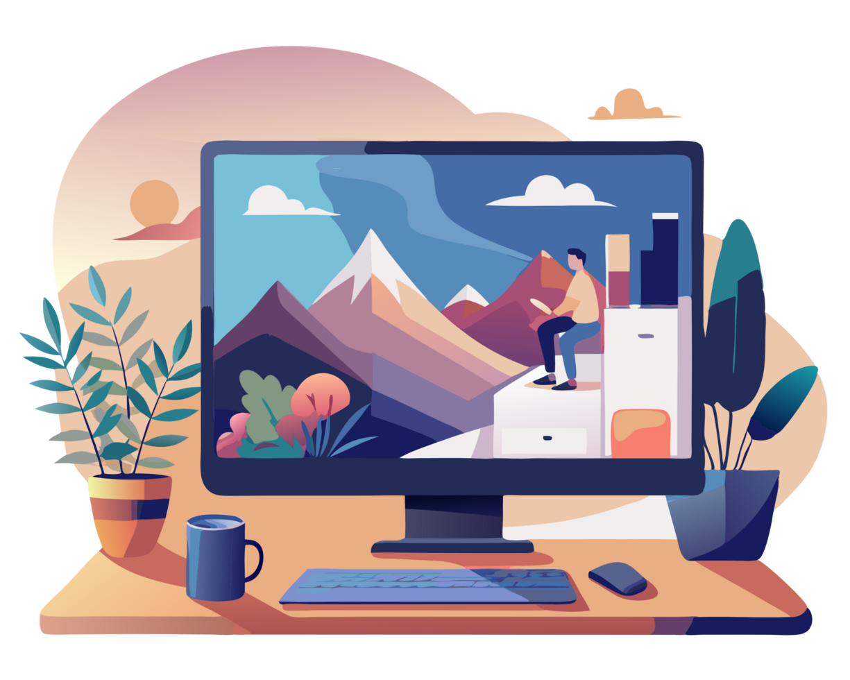 Stylish Computer Workspace Flat Design Clip Art png