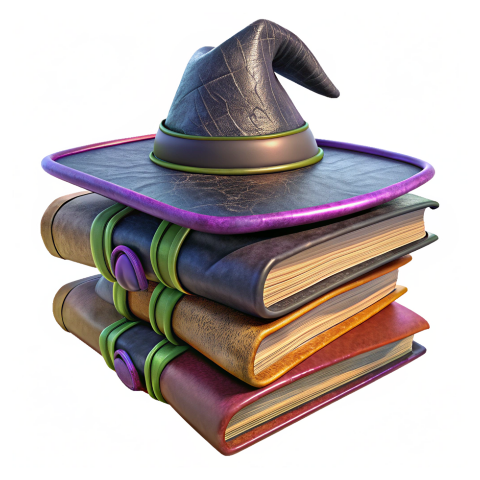 Hexed Pages Stack of Witch Books And Witch Hat 3d Image png