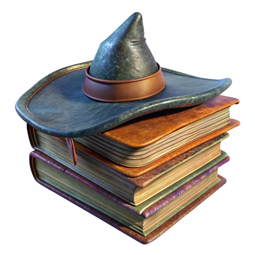 Tower of Spells Stack of Witch Books And Witch Hat 3d Illustration png