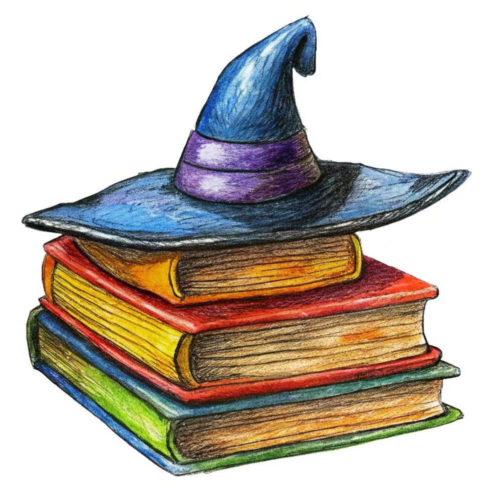 Mystic Writings Stack of Witch Books And Witch Hat Hand Drawn Object png