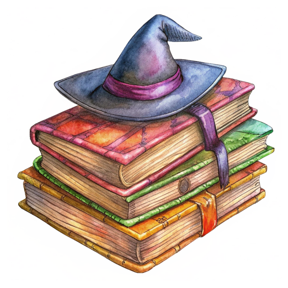 The Sorceress' Library Stack of Witch Books And Witch Hat Hand Drawn Graphic png