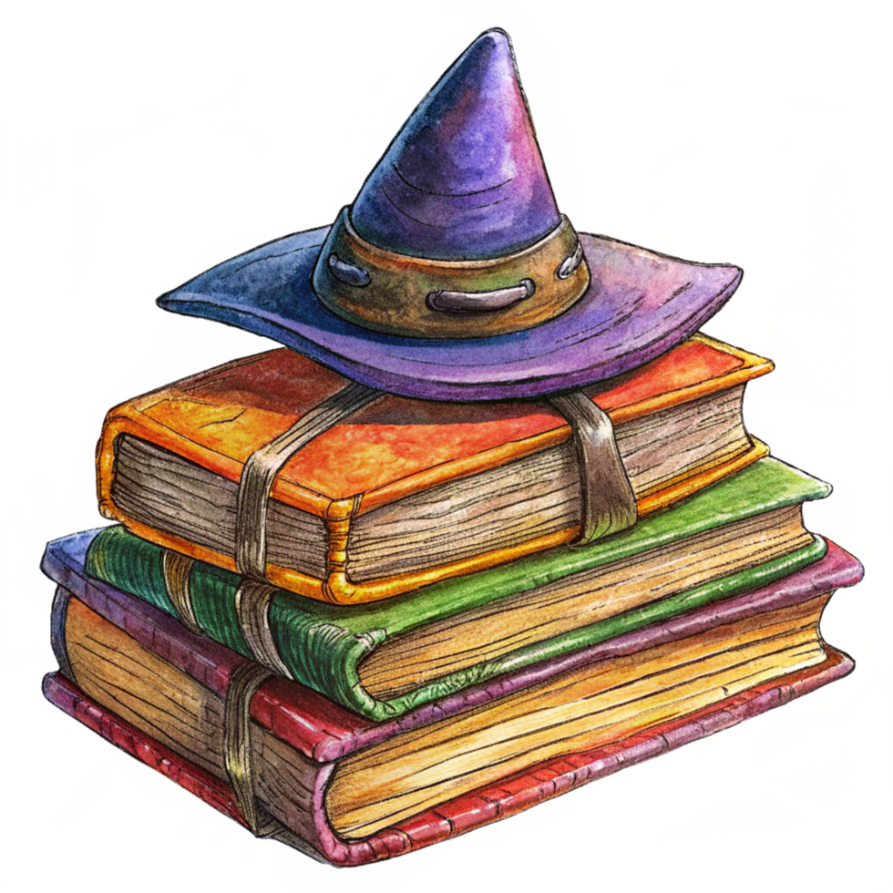 Books of Shadows Stack of Witch Books And Witch Hat Hand Drawn Concept png