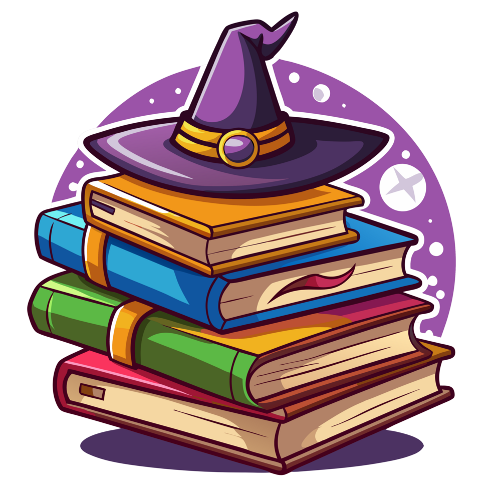 The Enchanted Stack Stack of Witch Books And Witch Hat Cartoon Concept png