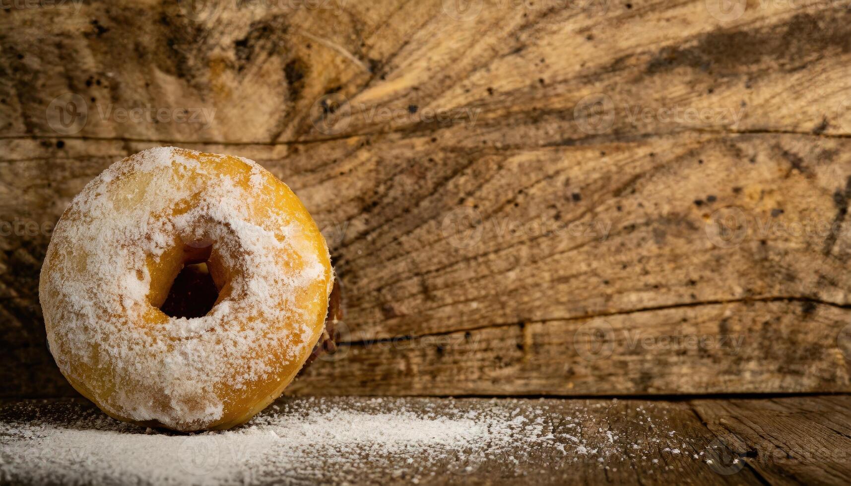Copy Space image of Donuts with powdered sugar on wooden table on black background photo